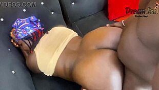 Big ass ebony milf bends over for doggystyle pounding. Her huge tits bounce as sugar boy struggles to handle her curves.