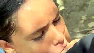 Beautiful latina girlfriend gives blowjob outside dorm, caught by roommate.