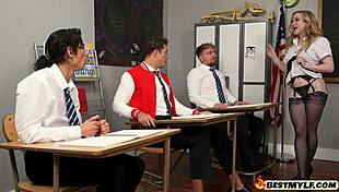 blonde milf teacher teaches students fucking in uniform