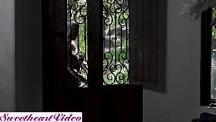 stunning babysitter sensually licks milf employer's trimmed pussy on bed