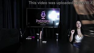 Morena demonstrates blowjob and shows huge tits