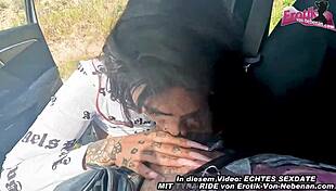 Big tits milf gives blowjob in public car