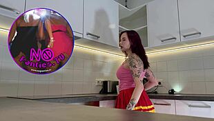 Hottest Redhead Tattooed Cheerleader Shows See-Through Panties in Kitchen