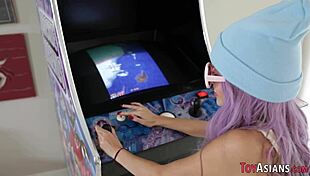 The little asian skank with small tits rides a big cock and gives blowjob