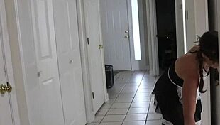 Petite amateur MILF works as service slave wearing anal tail plug gets double penetration cunt fucked with creampie