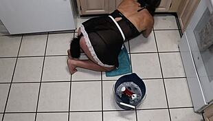 Petite amateur MILF works as service slave wearing anal tail plug gets double penetration cunt fucked with creampie