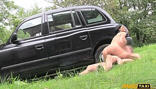 Jasmine Jae bends over in fake taxi backseat for intense workout and outdoor pee.