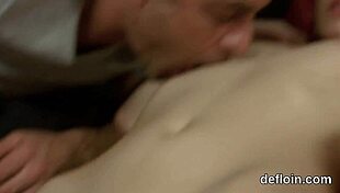 Defloration of cuddly nymph's soft twat with close-up fingering and fucking.