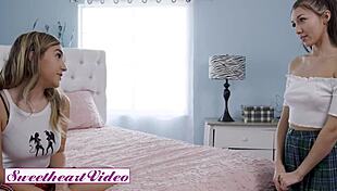 Blonde And Brunette Classmates Eating Pussy On Bed!