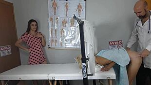 two naughty girls tease gynecologist with wet pussies