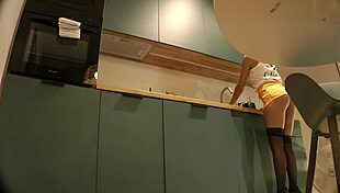 Panties Flash of a Cute Sexy Housewife on High Heels and Stockings in a Mini Short Skirt