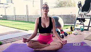 Glasses blonde MILF fucks during fitness workout!