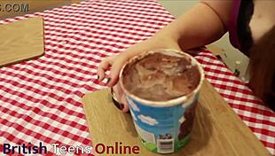British 18 Year Old Amateur Eats Ice Cream Topped With Cum In Homemade Scene