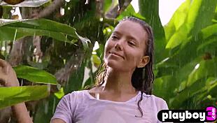 Beautiful blonde milf model Katya Clover shows perfect body while posing on the rain.