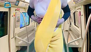stepmother strips naked on the metro train, revealing her body in public exposure.