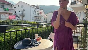 Hot blonde exhibitionist wife strips naked in public, showing off