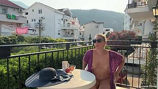 Hot blonde exhibitionist wife strips naked in public, showing off