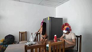 Latina Housemaid Touches Body Sensually, Flirts with Dildo, Feeds Blind Man