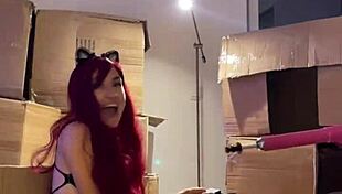 Red-Haired Teen Beauty Dances Striptease and Prepares Machine