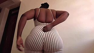 Ebony wife rides big black cock, pounding her apple bottom big ass in cowgirl for creampie.