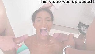 Very slim exotic Brazilian Karina Rose fucked by two big black cocks then four and drinks pee dap anal pissing atm triple anal