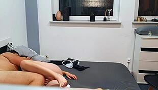 Angry girl rides man in amazon position