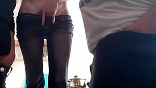 Girls perform risky masturbation in public dorm kitchen