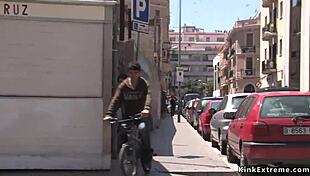 Blonde woman bound in latex explores public exhibitionism