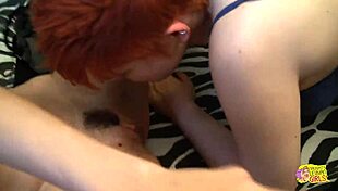 Redhead lesbian fucks brunette friend with strap-on after coming home