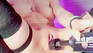 Sarah model displays her perfect vagina as she plays with her sex machine in detail