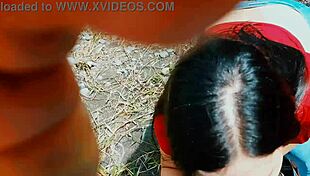 Latina wife risks passionate blowjob outdoors in nature with natural tits exposed