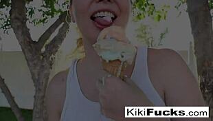 Kiki's getting all sexy and messy with ice cream, masturbating solo in her nude milf style