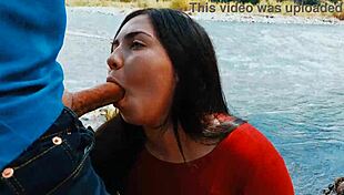 Latina wife risks passionate blowjob outdoors in nature with natural tits exposed