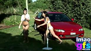 Two hot brunettes naked at carwash showing big tits and ass