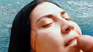 Latina wife risks passionate blowjob outdoors in nature with natural tits exposed