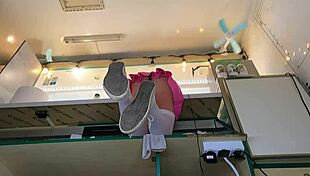 Super slim eighteen year old chick works in pear thongs braless