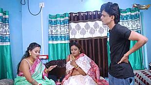 Two bhabhis get wild with the delivery boy in hardcore home fuck