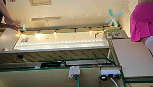 Super slim eighteen year old chick works in pear thongs braless