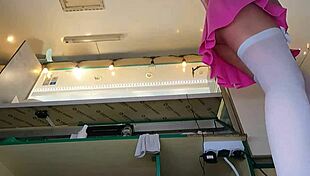 Super slim eighteen year old chick works in pear thongs braless