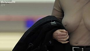 business slave wife goes braless and downblouse in public, flashing her saggy tits outdoors.