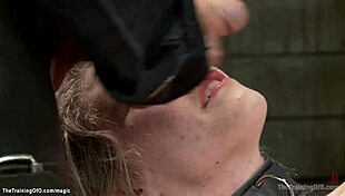 Blonde trainee ass gaped and toyed in rough bondage session.