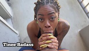 On public balcony, Tinee Badass receives rimjob before getting POUNDED