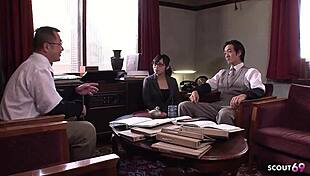 japanese teen 18+ secretary with glasses seduce to suck fat cock of old ugly guy in uncensored jav