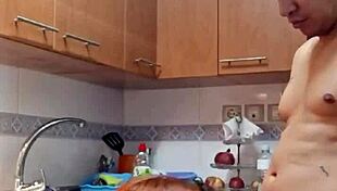 Mother-in-law in sexy clothes gets fucked in kitchen