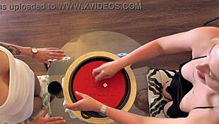 two hot girls try to make big cock cum with dice game 😜