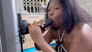 hot milf camgirl fucks 14-inch dildo on fridge in kitchen full video