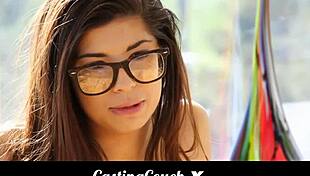 hey, this teen with glasses is auditioning on the casting couch for porn