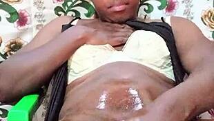 Naughty Black Crossdresser Stroking Big Oiled Dick Until Cumshot