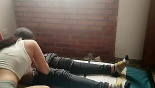 Horny young girl masturbates and sucks cock