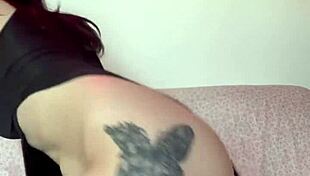 Tall slut with big tits sucks and fucks dildo for masturbation